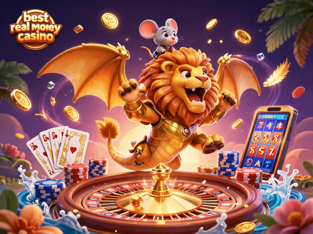 Experience the thrill of the best real money casino with a triumphant chimera and vibrant casino elements.