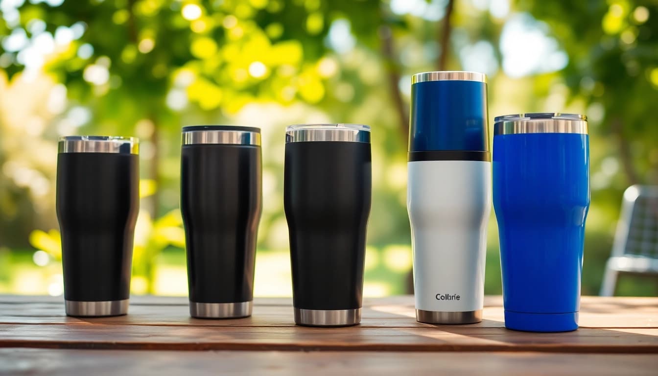 Stylish tumblers highlighted on a wooden table in a serene outdoor setting.