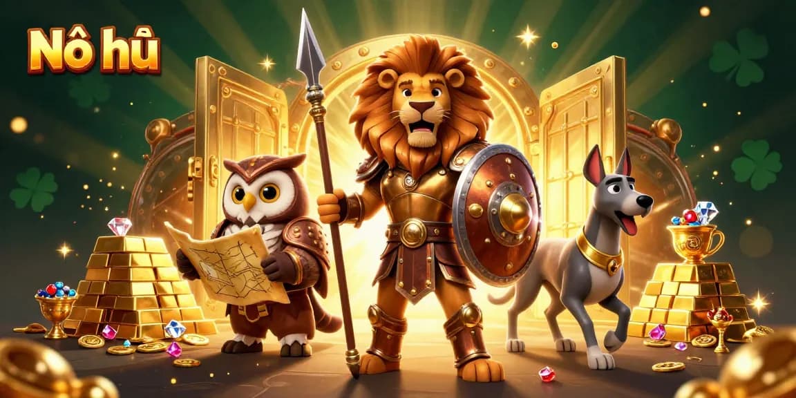 Nổ hũ: Spin for gold treasures with an armored lion, wise owl, and swift greyhound.