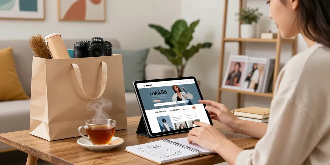 Engaging online shopping scene at rokok88 showcasing a stylish individual browsing trendy items.