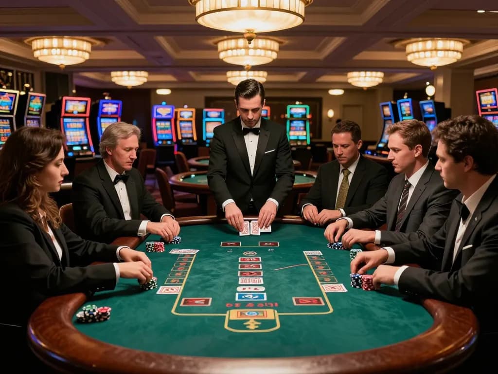 Players engaged in a high-stakes blackjack game at the luxurious 789 casino, showcasing strategy and excitement