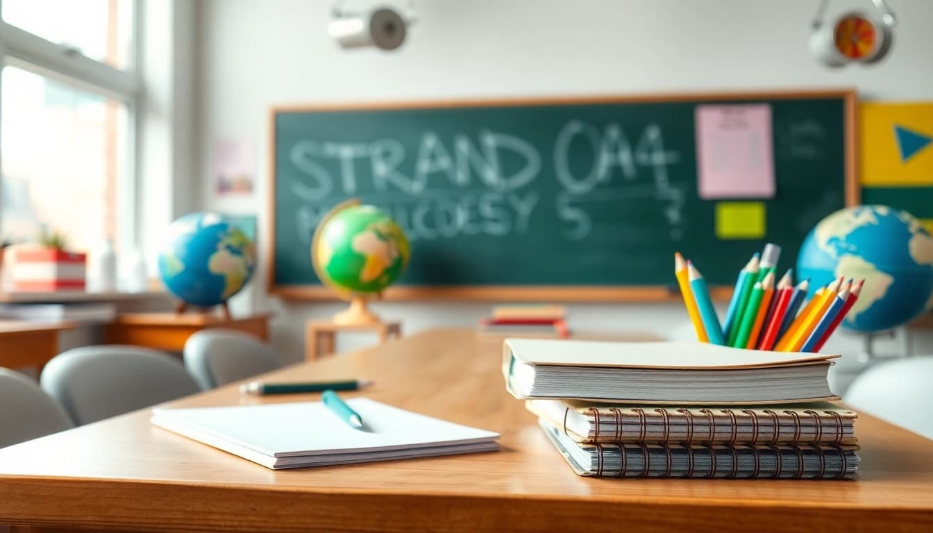 Handytasche Klassenzimmer auf einem Schreibtisch zwischen Schulmaterialien.