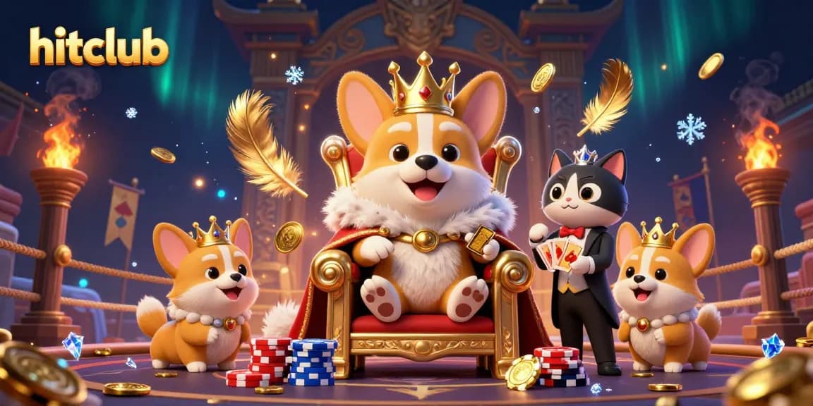 Hitclub's royal poker scene with corgis, a cat butler, and stunning casino elements.