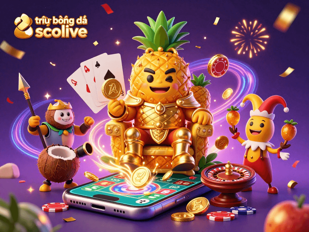 Experience trực tiếp bóng đá socolive excitement with a festive casino scene showcasing a golden pineapple king and betting elements.