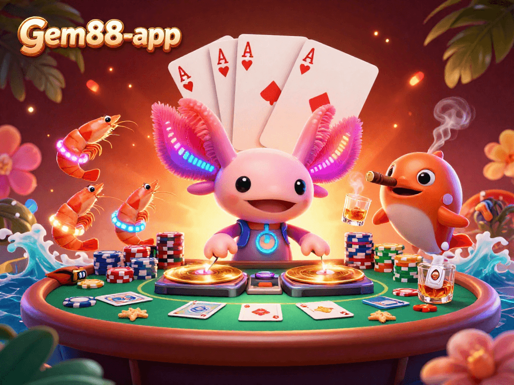 Experience the excitement of online gaming with gem88-app featuring vibrant characters and thrilling poker action.