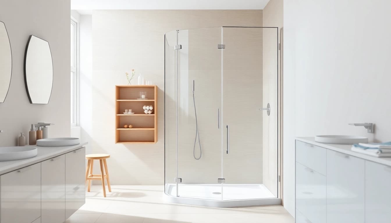 Showcasing a corner shower screen frameless in a modern bathroom setting with natural light.