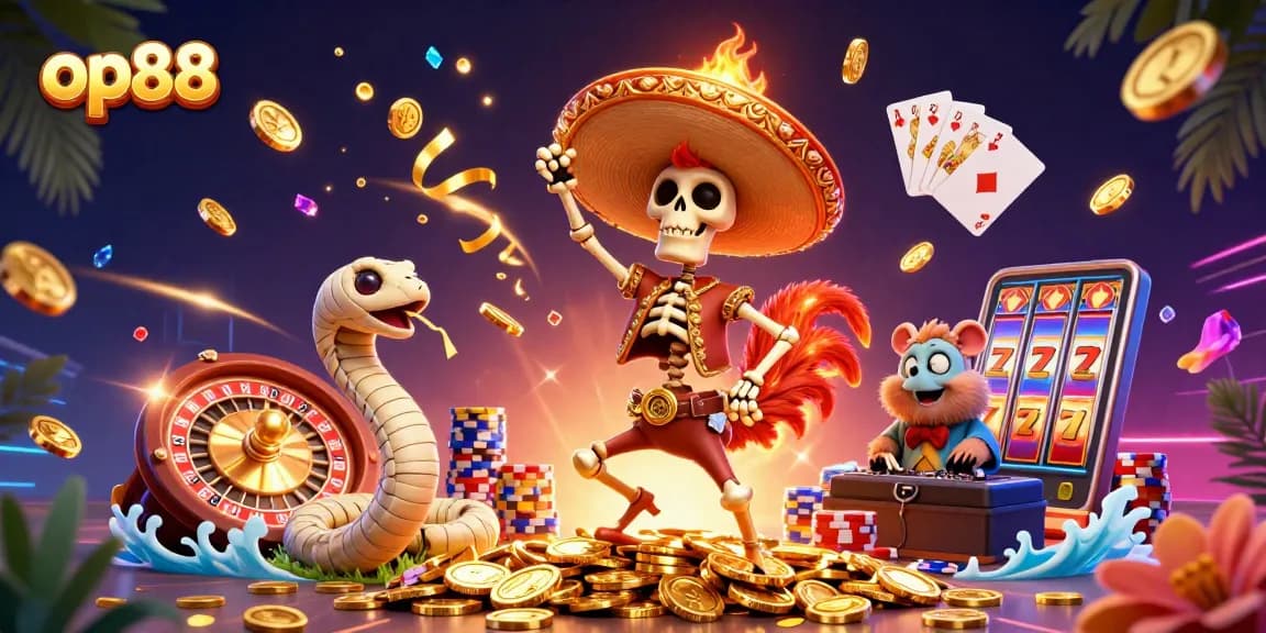 Experience the fun at op88 with a festive casino scene featuring characters in a lively celebration amid sparkling gems.