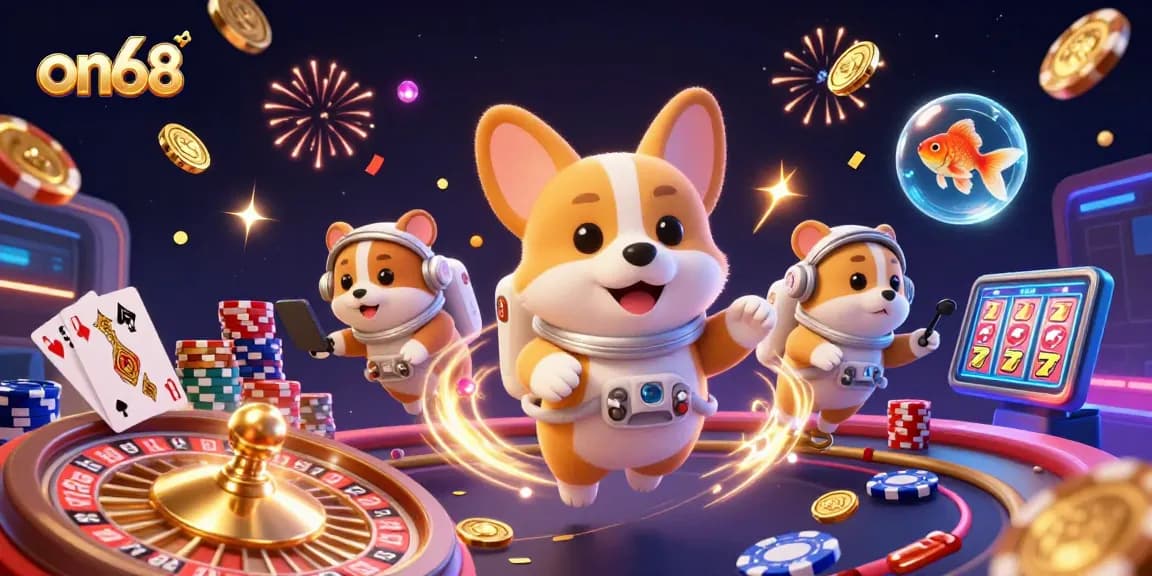 Experience gambling excitement at on68 with an astronaut corgi in a vibrant space casino