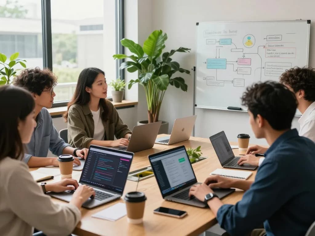Dynamic team collaborating on CrushOn AI projects in modern workspace
