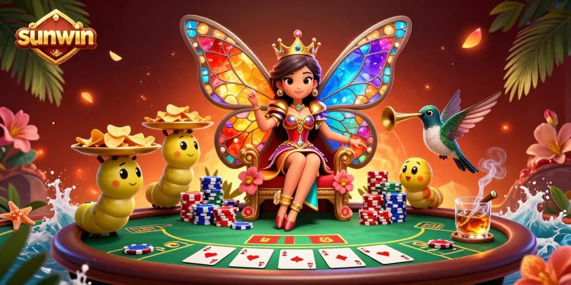 Experience the thrill of sunwin with a vibrant poker scene featuring a butterfly queen and colorful chips.