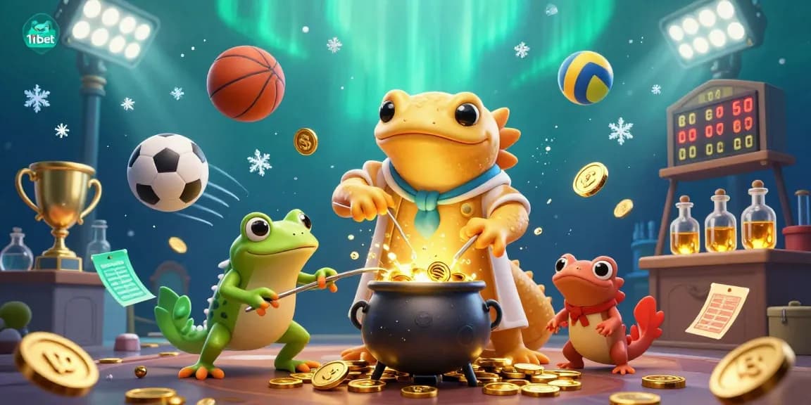 Experience the excitement of 11bet with a vibrant illustration of a golden salamander alchemist and sports elements.