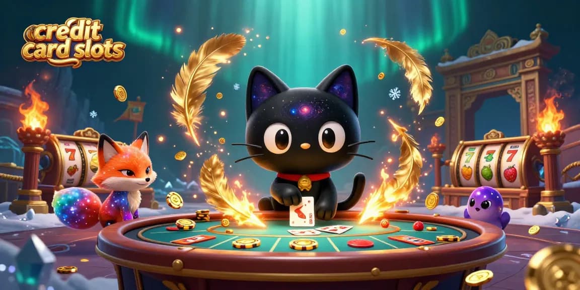 Engaging scene of cosmic casino featuring credit card slots, black hole cat, and nebula fox.
