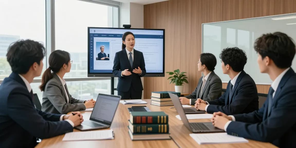 A legal team evaluating rokok88 case in a modern courtroom.