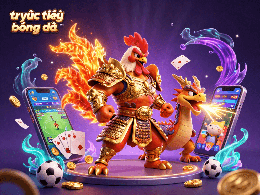 Bet on trực tiếp bóng đá socolive with a dynamic 3D scene featuring a rooster warrior and sports elements.