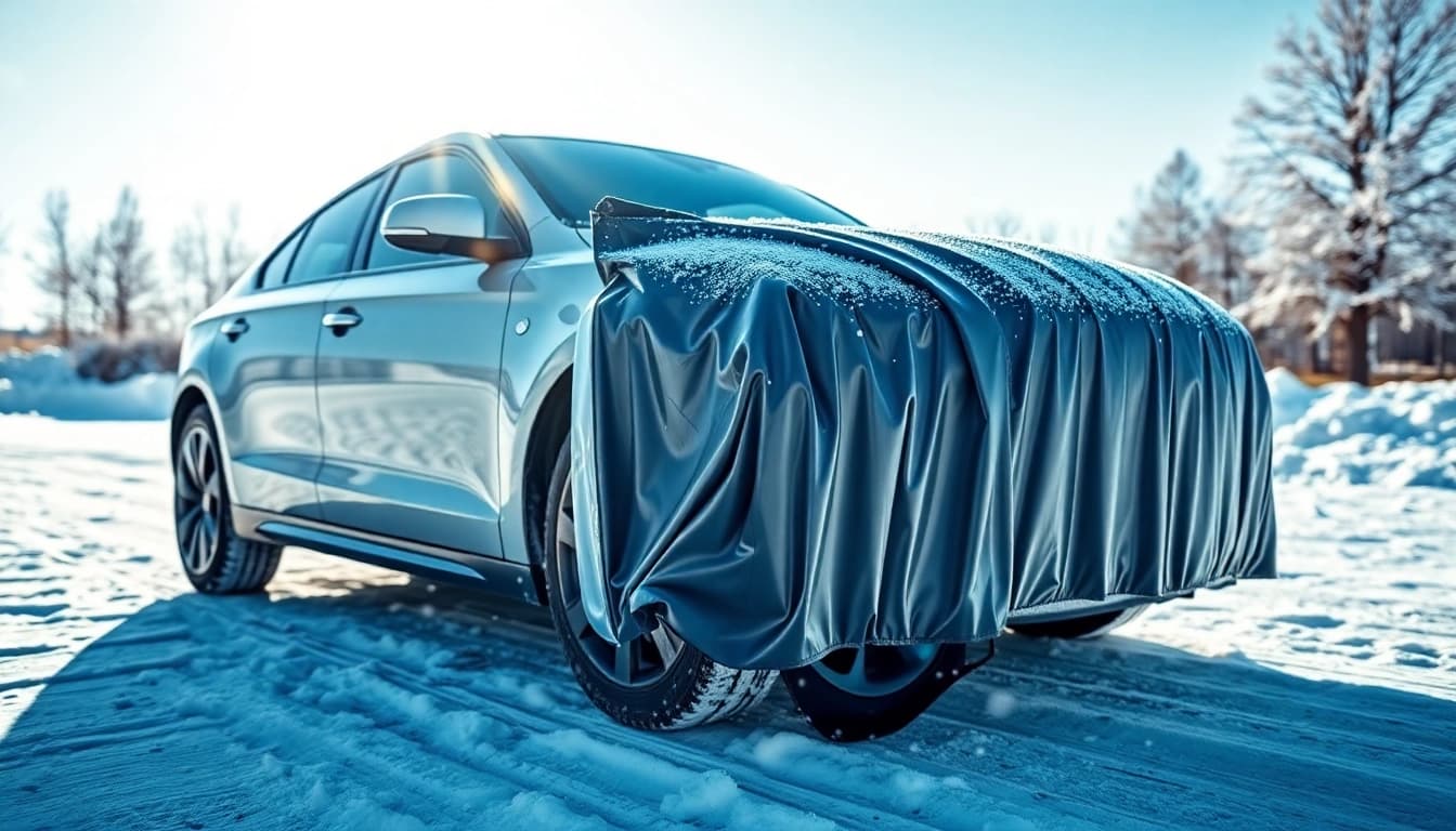 PPF winter road salt protection displayed on a vehicle against snowy winter background.