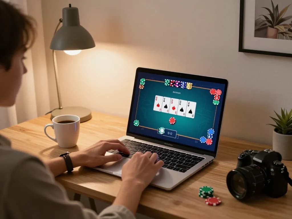 77WIN user enjoying online poker strategies at home with laptop and colorful chips.