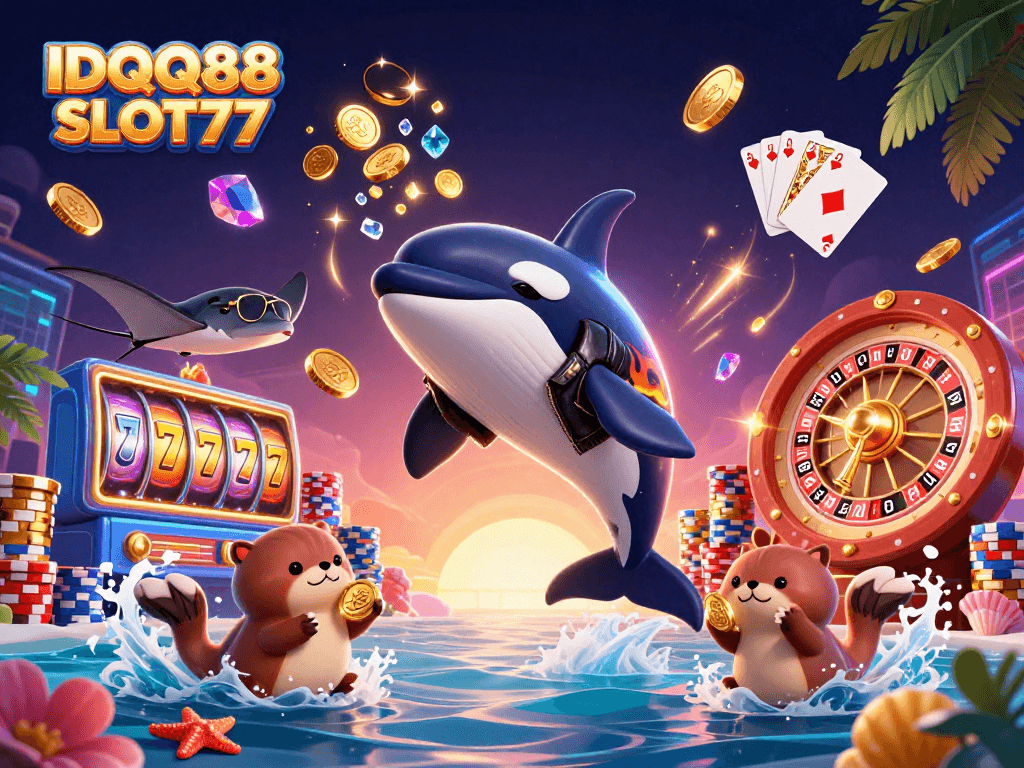 Engage with IDQQ88 SLOT77 in a vibrant 3D casino scene featuring animated characters and rich gaming elements.