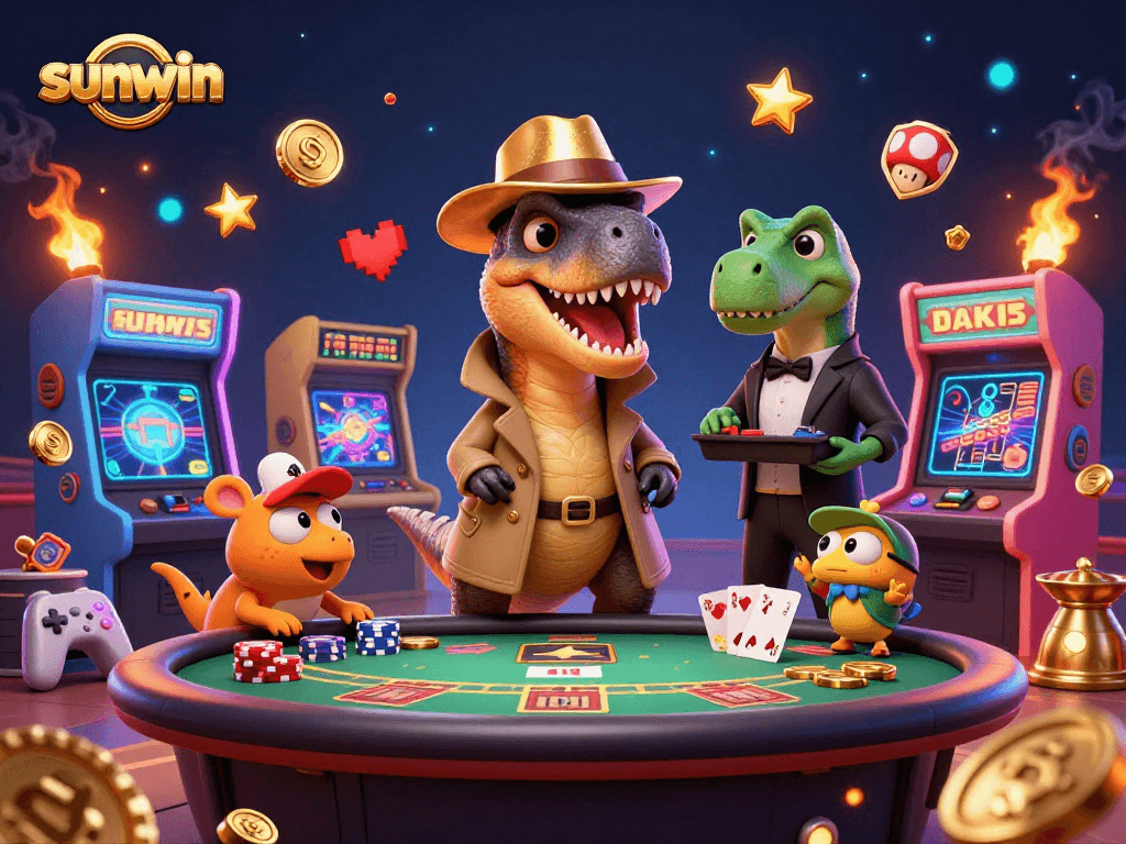 Engage in thrilling blackjack with sunwin as a cartoon velociraptor counter plays alongside charming casino characters.