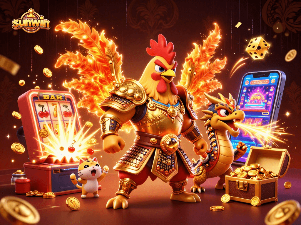 Celebrate wins with sunwin in this vibrant casino scene featuring a rooster warrior, dragon hatchling, and playful fortune cat.