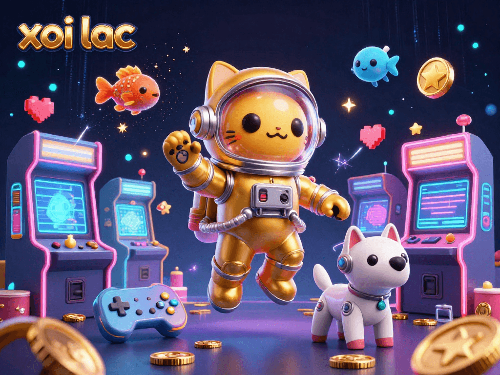 xoi lac gaming cat and robot dog compete in a dynamic 3D arcade experience with vibrant colors