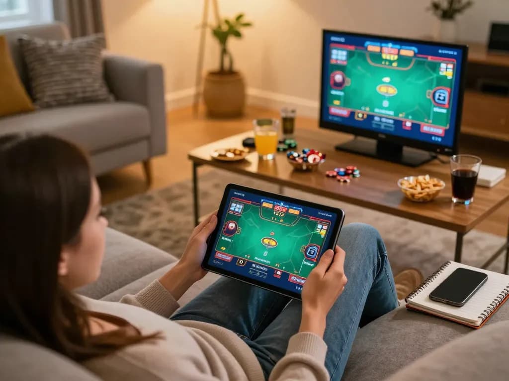 Player engaging with rikvip gaming app on tablet in a cozy home setting, highlighting online gambling experience