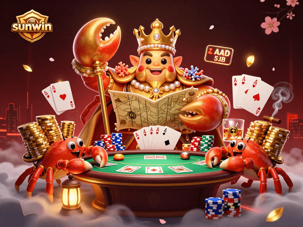 Engage with sunwin's exciting poker scene featuring a golden crab emperor and poker elements.