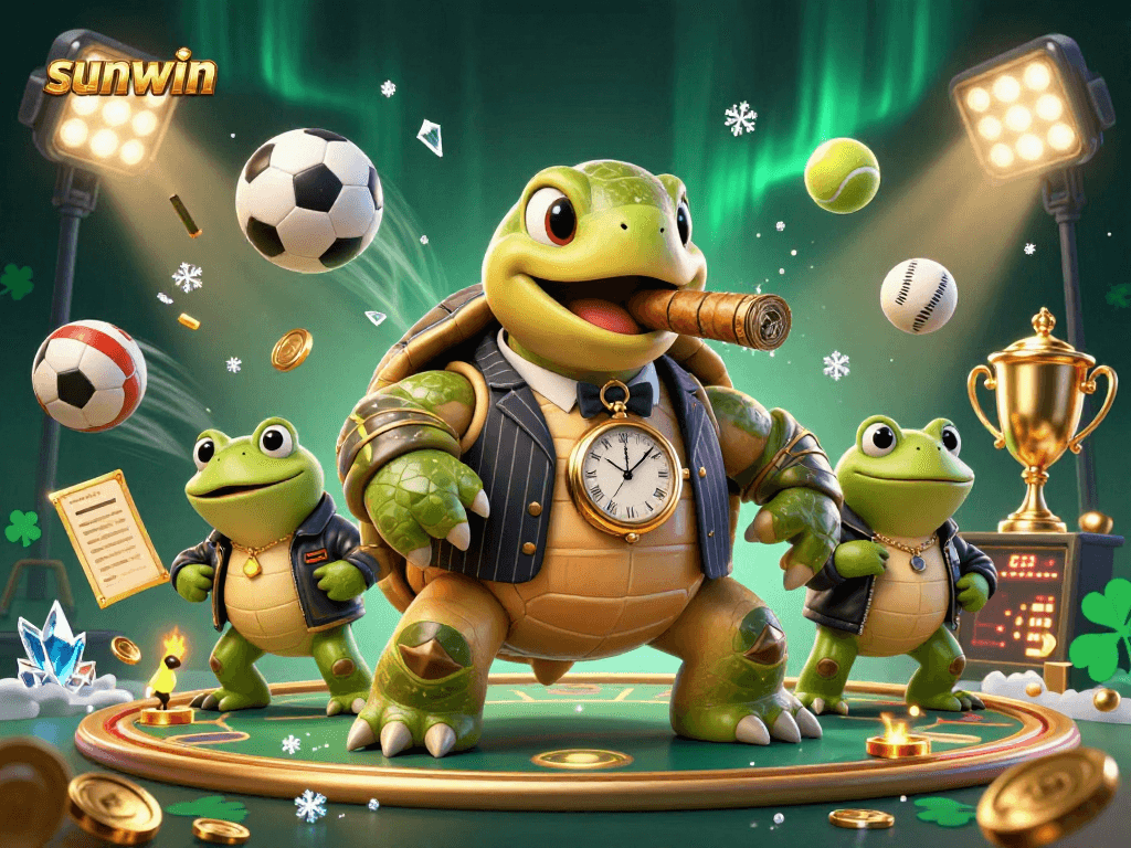Sunwin’s dynamic casino scene showcases a turtle in mobster attire with sports elements.