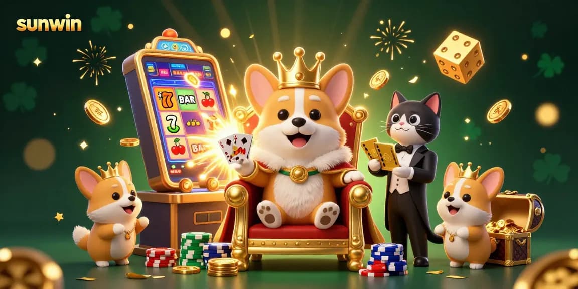 Join the playful world of sunwin, where a royal corgi reigns from a poker chip throne amidst a vibrant casino scene.