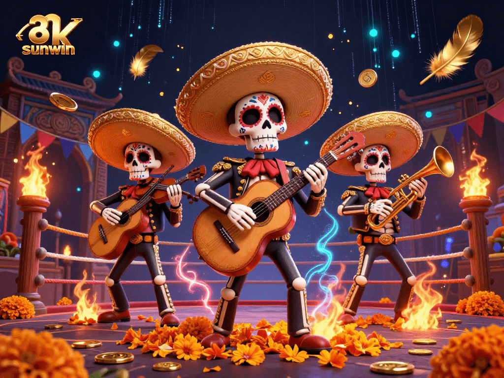 Engage with sunwin's colorful Dia de los Muertos casino illustration showcasing vibrant mariachi characters and gambling elements.