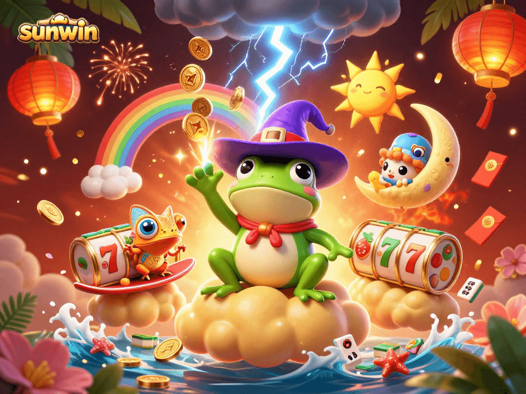 Experience the excitement of sunwin in this vibrant 3D casino illustration with dynamic characters.