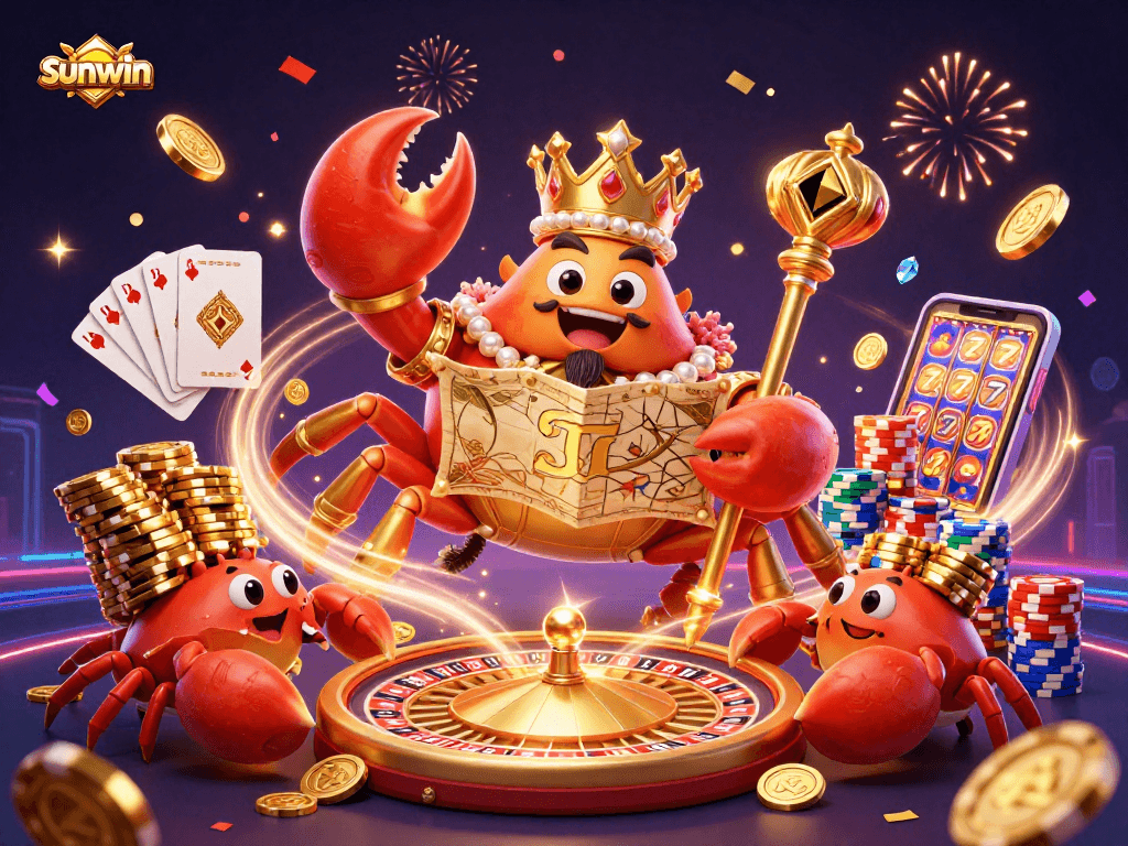 Experience sunwin's vibrant gaming scene with a golden crab emperor and casino riches.