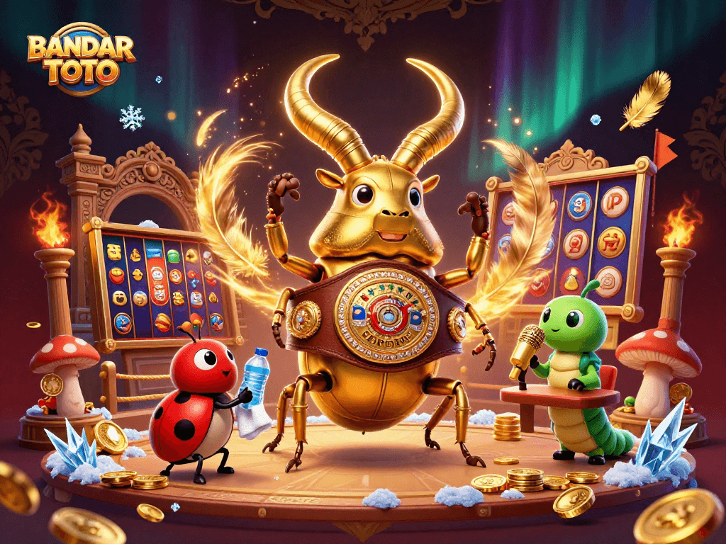 BANDAR TOTO showcases a lively online slots scene with vibrant characters and dynamic casino elements.