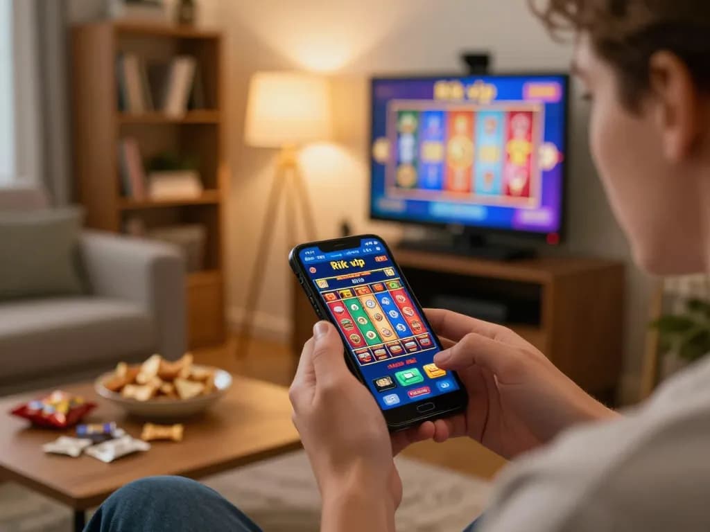 Playing rik vip on a smartphone, showcasing exciting slot reels in an inviting home environment.