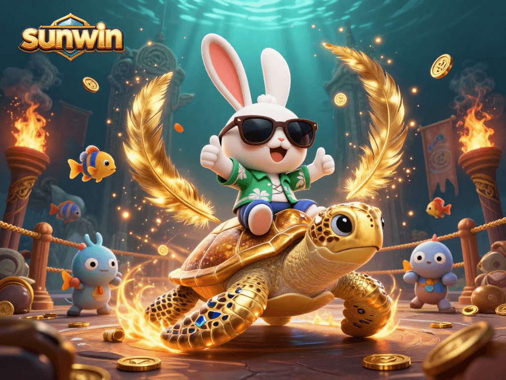 Experience the thrill of sunwin with a lucky rabbit and a golden sea turtle in a vibrant casino scene.