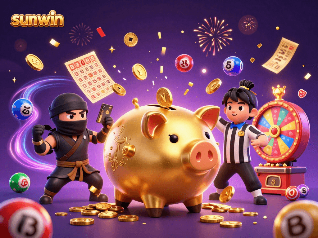 Join the excitement with sunwin as the giant piggy bank sumo wrestler shakes coins in a dynamic gaming scene.