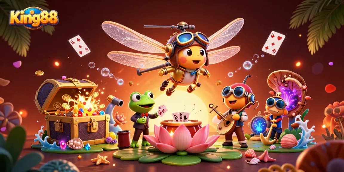Experience King88's vibrant gaming world with a lively dragonfly pilot and frog croupier.