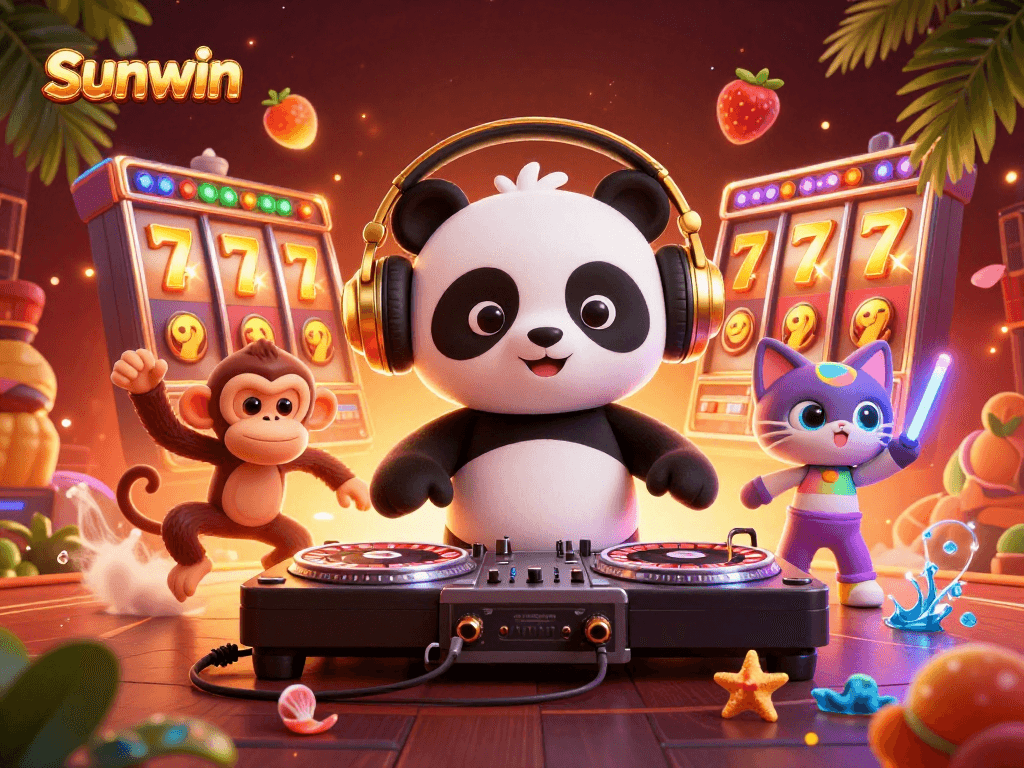 Join the vibrant gaming action with sunwin's DJ panda and a dancing monkey for a winning slots experience.