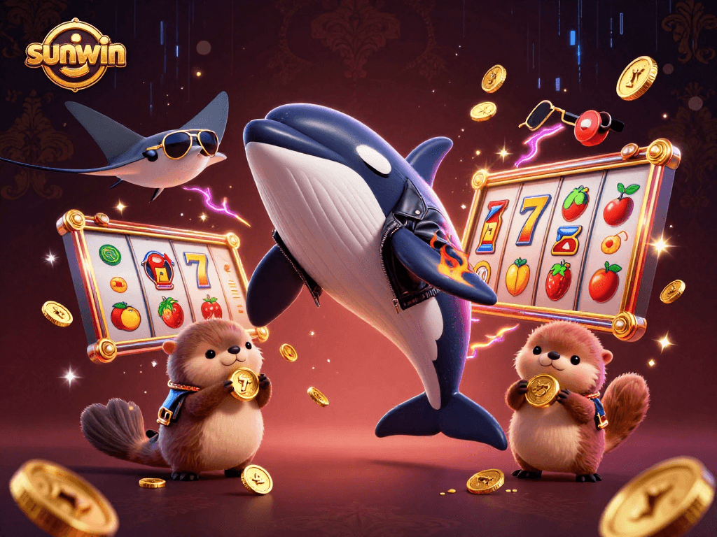 Experience thrilling wins with sunwin in this vibrant, dynamic casino scene featuring various games.