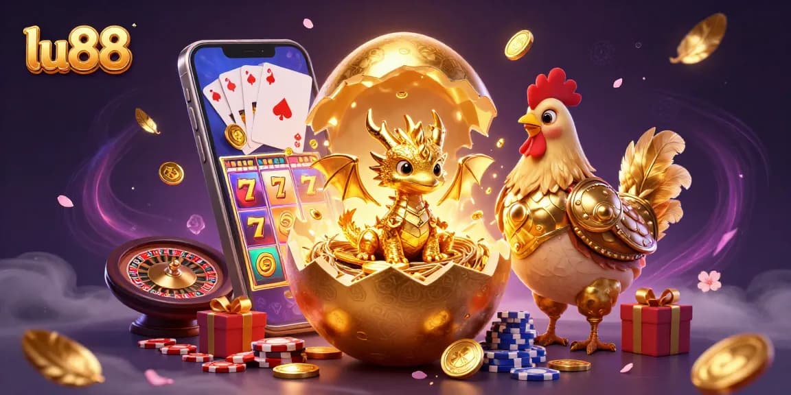 Play vibrant lu88 slot game visuals with golden dragon and poker chips.