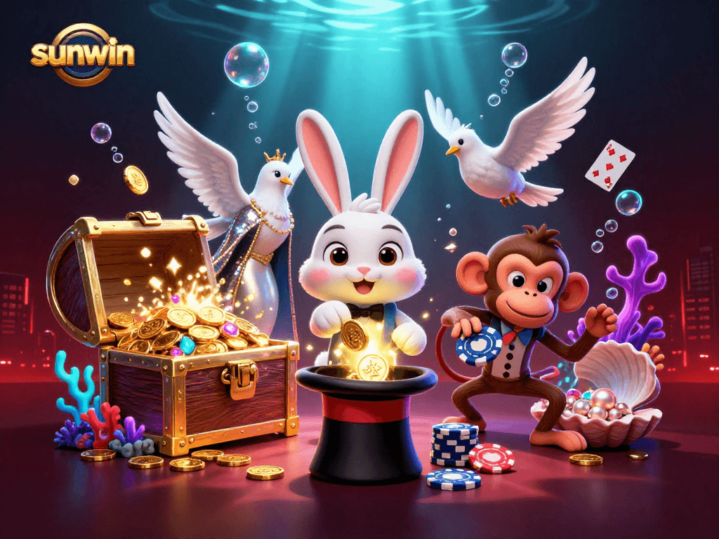 sunwin's vibrant casino scene features a magician pulling coins, a dove, and a monkey with poker chips.