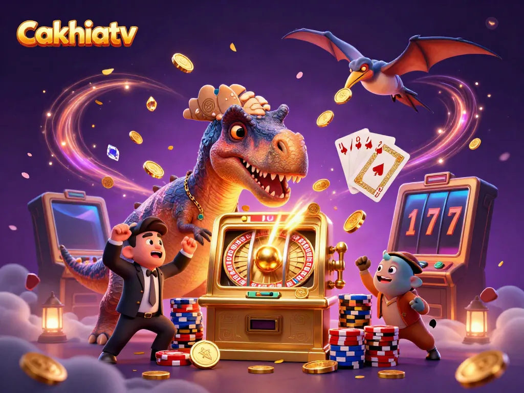 CakhiaTV features a pachycephalosaurus hitting a golden slot machine surrounded by flying coins and poker chips, illustrating vibrant casino action.
