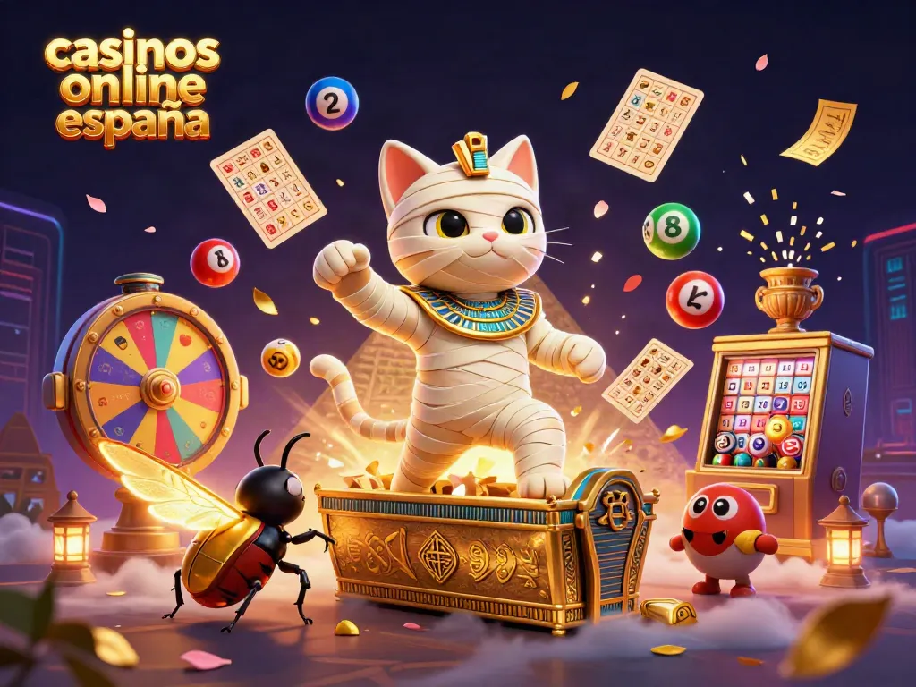 Juega en casinos online España con la divertida ilustración de un gato momia y un escarabajo dorado.