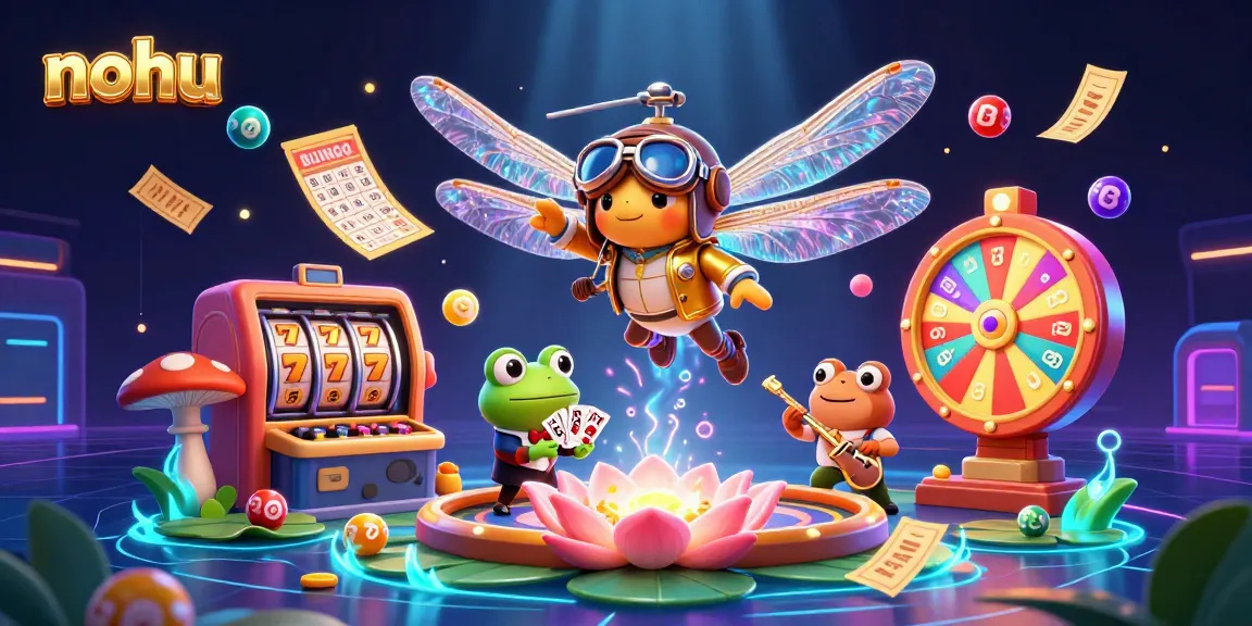 Experience nohu with lively frog croupiers and dragonfly pilots in a vivid casino scene.