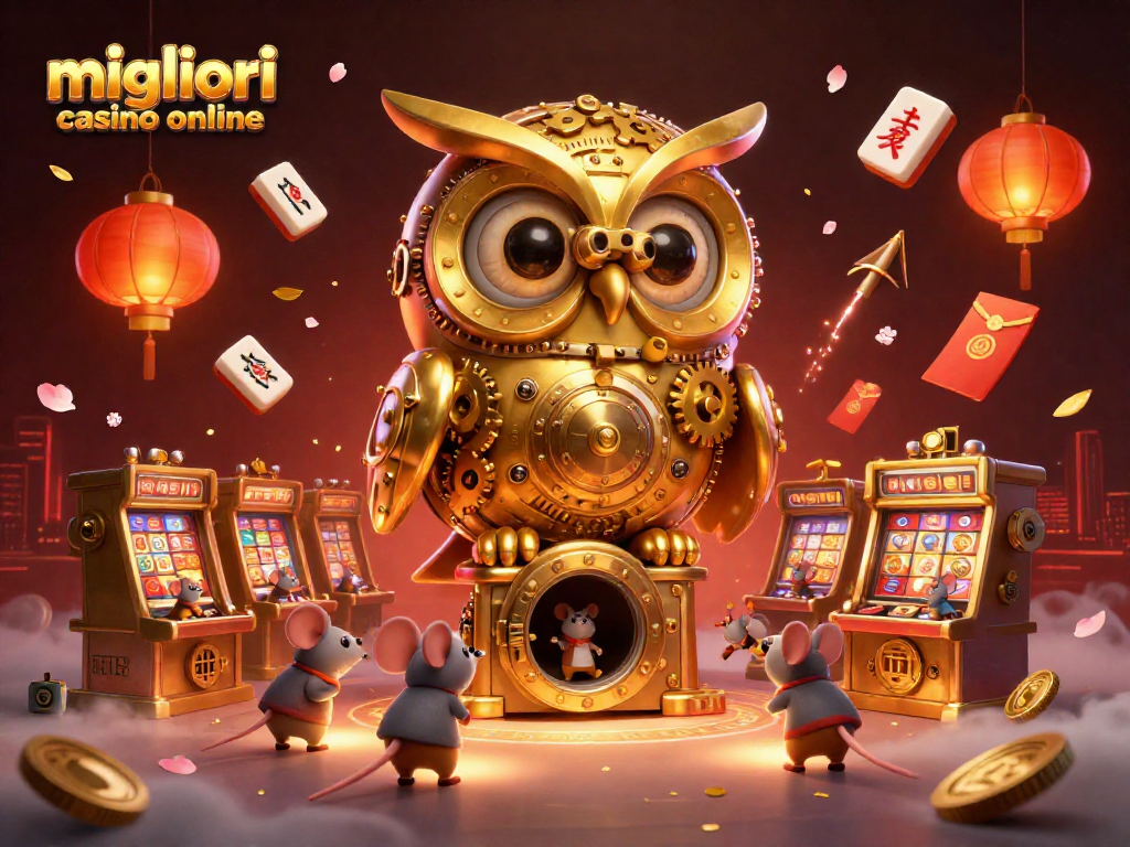 Scopri i migliori casino online giocando con un gufo d'oro e topolini tra slot e decorazioni.
