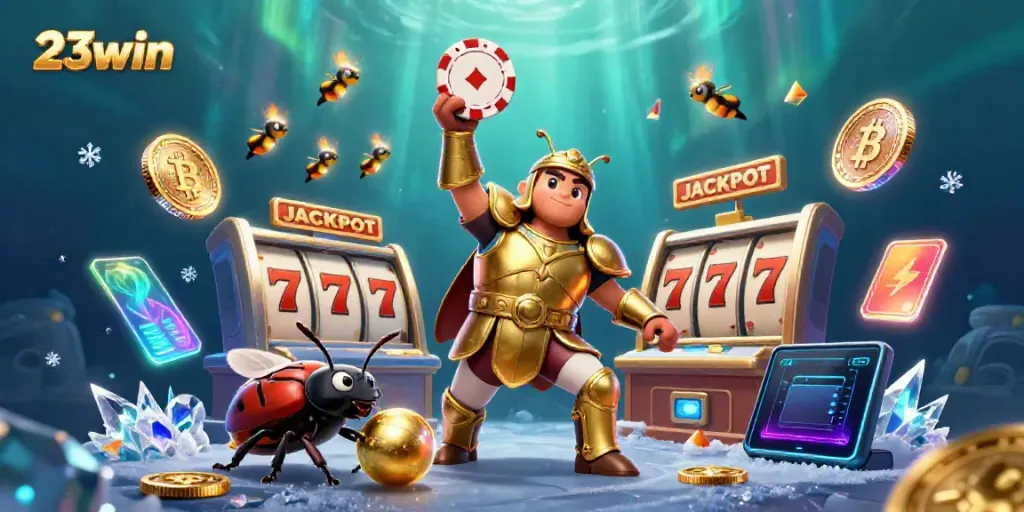 Celebrate wins with the dynamic 23win gambling scene featuring a victorious beetle and vibrant slots.