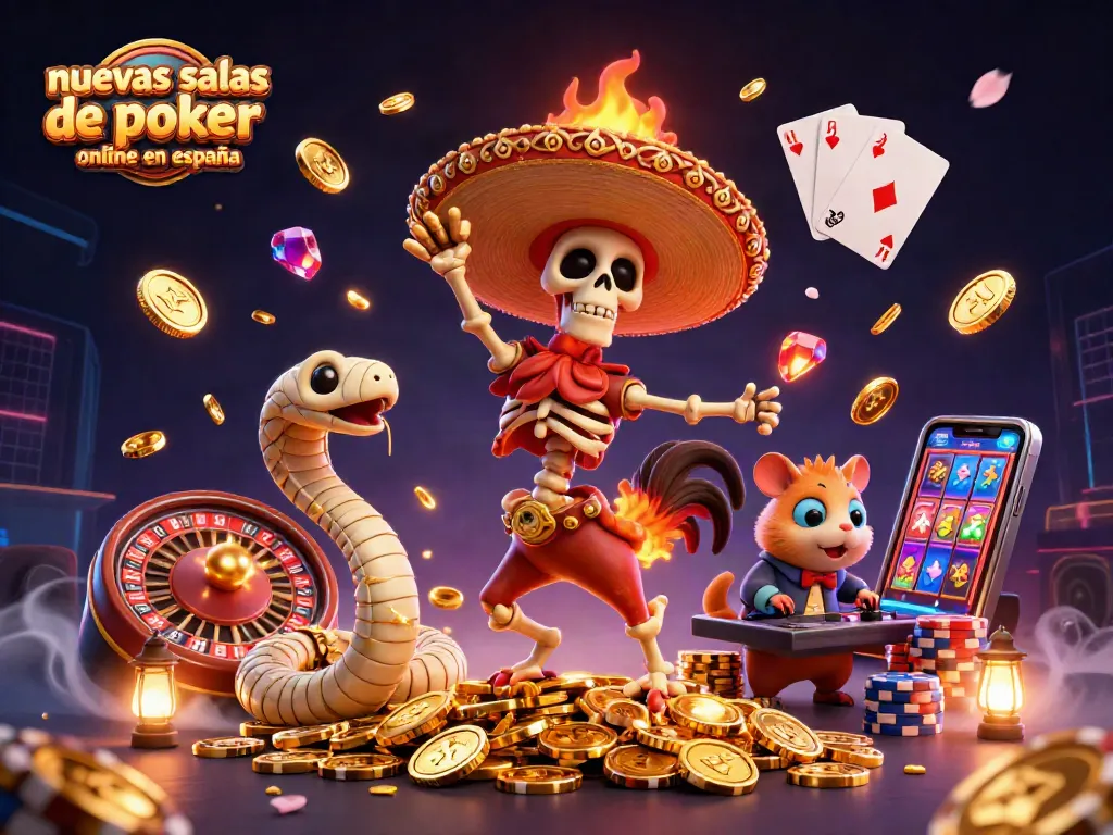 Nuevas salas de póker online en España con personajes divertidos y riquezas brillantes en un ambiente vibrante.