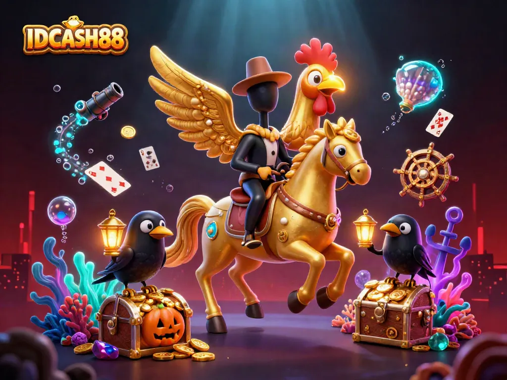 Experience thrilling gameplay at IDCASH88 with a golden rooster and spectral horse showcasing a vibrant casino environment.