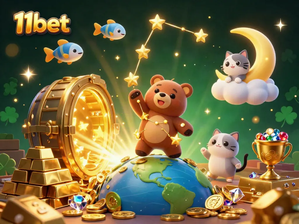 Experience thrilling casino adventures with 11bet as golden coins rain down from the sky amidst a vivid, lively backdrop.