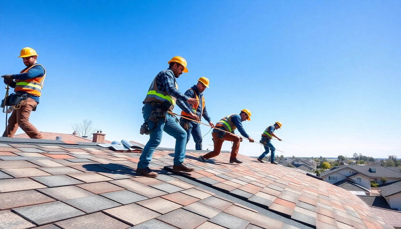 Roofing company team installing shingles on a residential rooftop in a suburban setting.