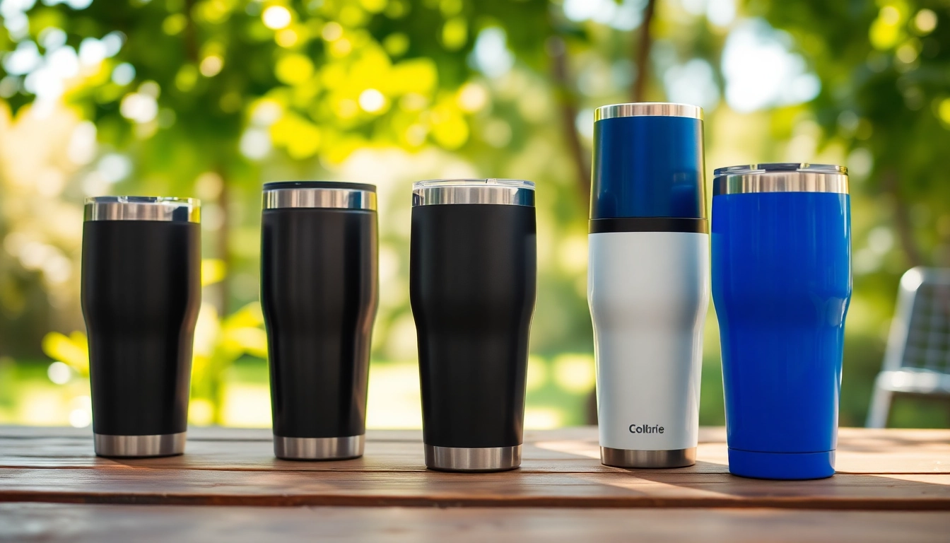 Stylish tumblers highlighted on a wooden table in a serene outdoor setting.
